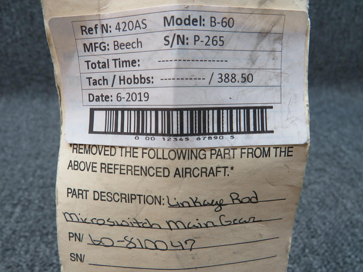 60-810047 Beechcraft B-60 Main Gear Linkage Rod Microswitch BAS Part Sales | Airplane Parts