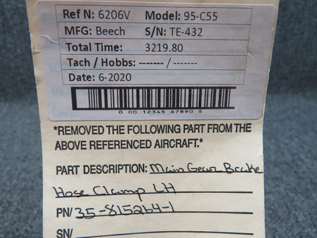 Beech 35-815264-1 Beech 95-C55 Main Gear Brake Hose Clamp LH