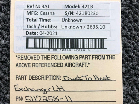 Cessna 5117258-11 Cessna 421B Duct to Heat Exchanger LH