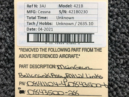 Cessna 0841104-4 Cessna 421B Main Gear Bellcrank Assembly W/ Links RH