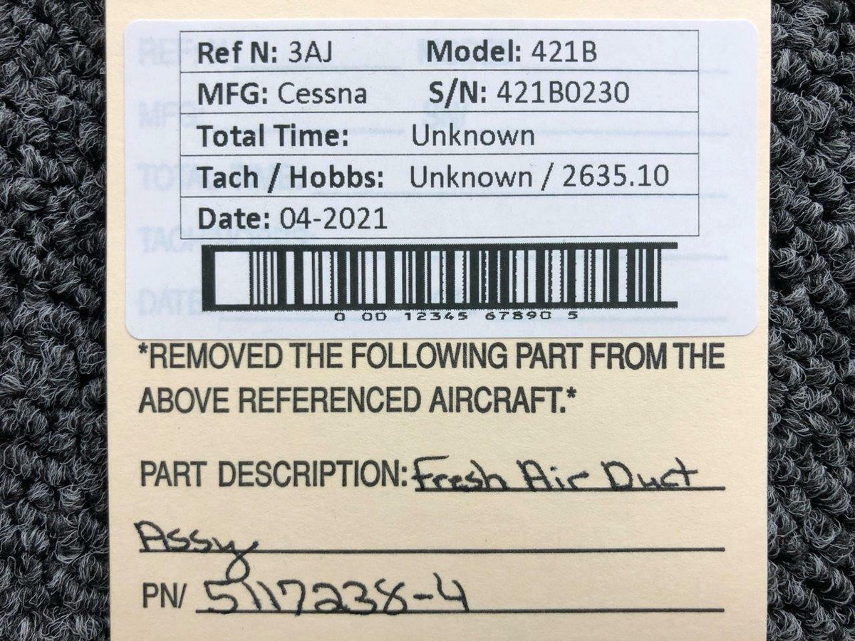 5117238-4 Cessna 421B Fresh Air Duct Assembly BAS Part Sales | Airplane Parts