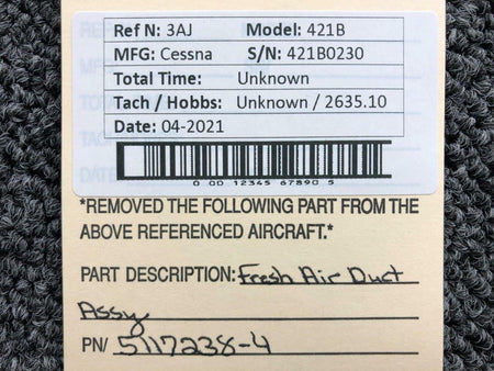 5117238-4 Cessna 421B Fresh Air Duct Assembly BAS Part Sales | Airplane Parts