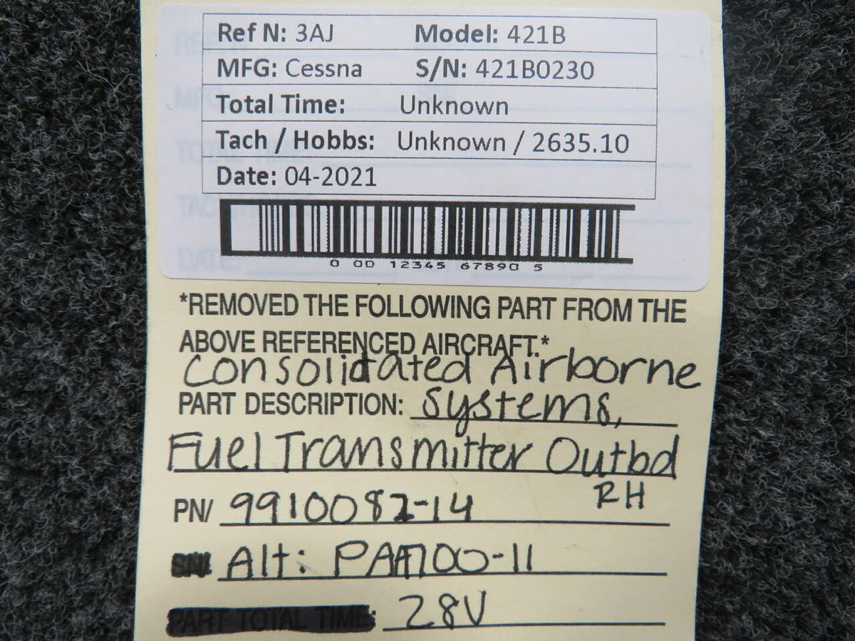 Consolidated Airborne Systems 9910082-14 Alt PAA700-11 Cessna 421B Consolidated Airborne Fuel Transmitter Outboard V 28