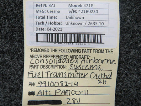 Consolidated Airborne Systems 9910082-14 Alt PAA700-11 Cessna 421B Consolidated Airborne Fuel Transmitter Outboard V 28