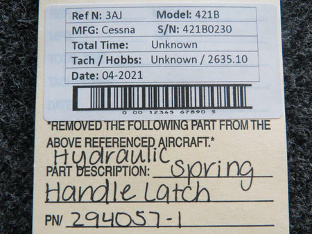 Cessna 294057-1 Cessna 421B Hydraulic Spring Handle Latch Assembly