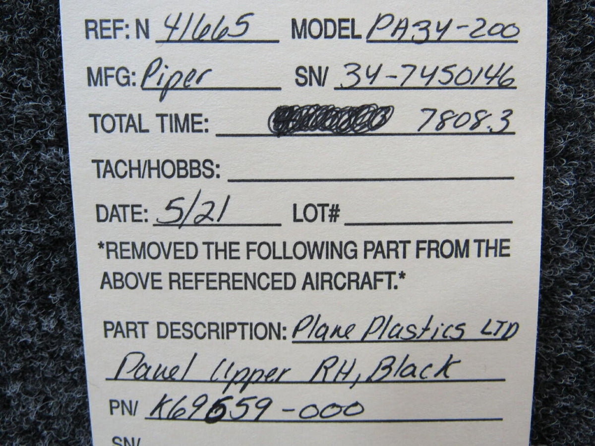 Plane Plastics K69659-000 Piper PA34-200 Plane Plastics LTD Panel Upper RH Black