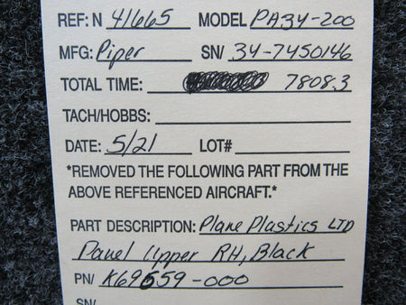 Plane Plastics K69659-000 Piper PA34-200 Plane Plastics LTD Panel Upper RH Black