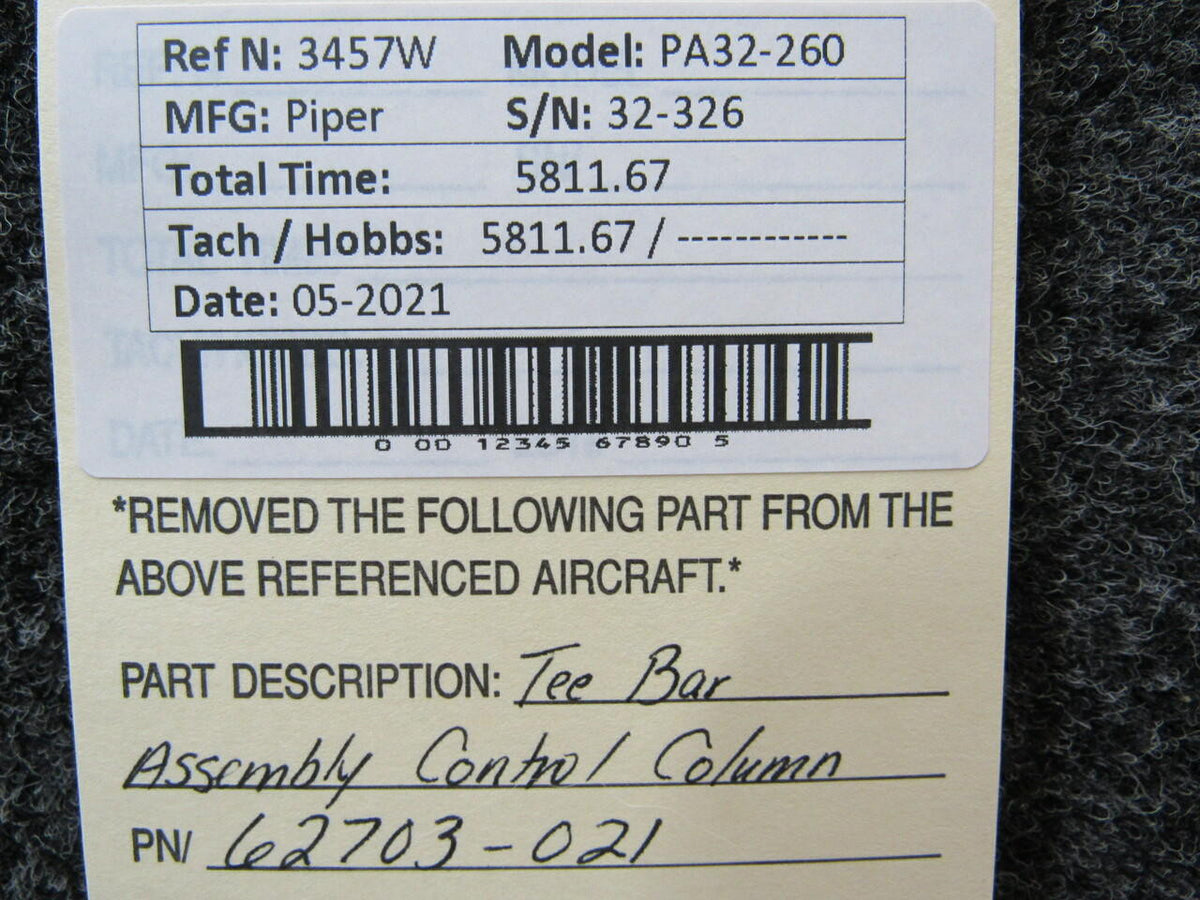 Piper 62703-021 Piper PA32-260 Tee Bar Assembly Control Column