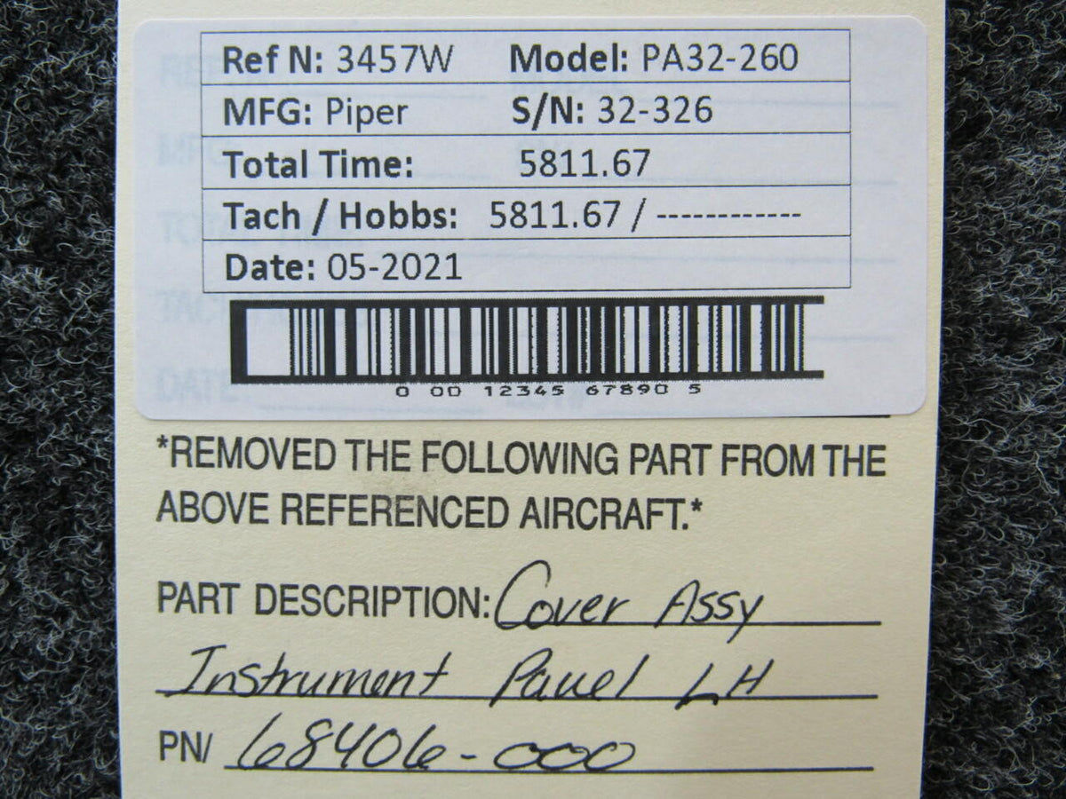 68406-000 Piper PA32-260 Cover Assy Instrument Panel LH BAS Part Sales | Airplane Parts