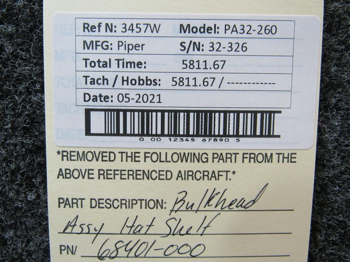 Piper 68401-00 USE 36589-004 Piper PA32-260 Bulkhead Assy Hat Shelf