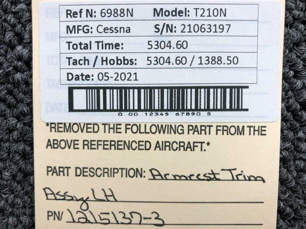 Cessna 1215137-3 Cessna T210N Armrest Trim Assembly LH