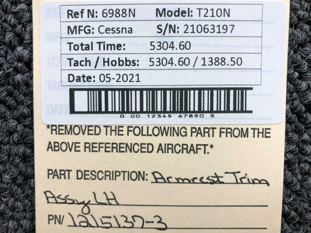 Cessna 1215137-3 Cessna T210N Armrest Trim Assembly LH