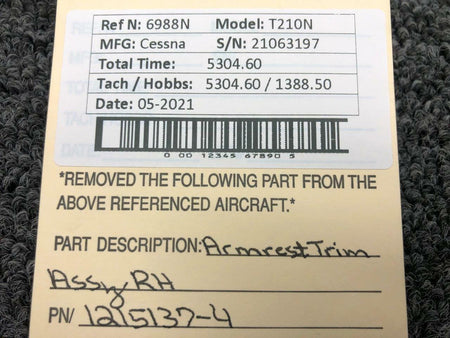 Cessna 1215137-4 Cessna T210N Armrest Trim Assembly RH