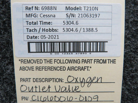 Cessna C166006-0109 Cessna T210N Oxygen Outlet Valve