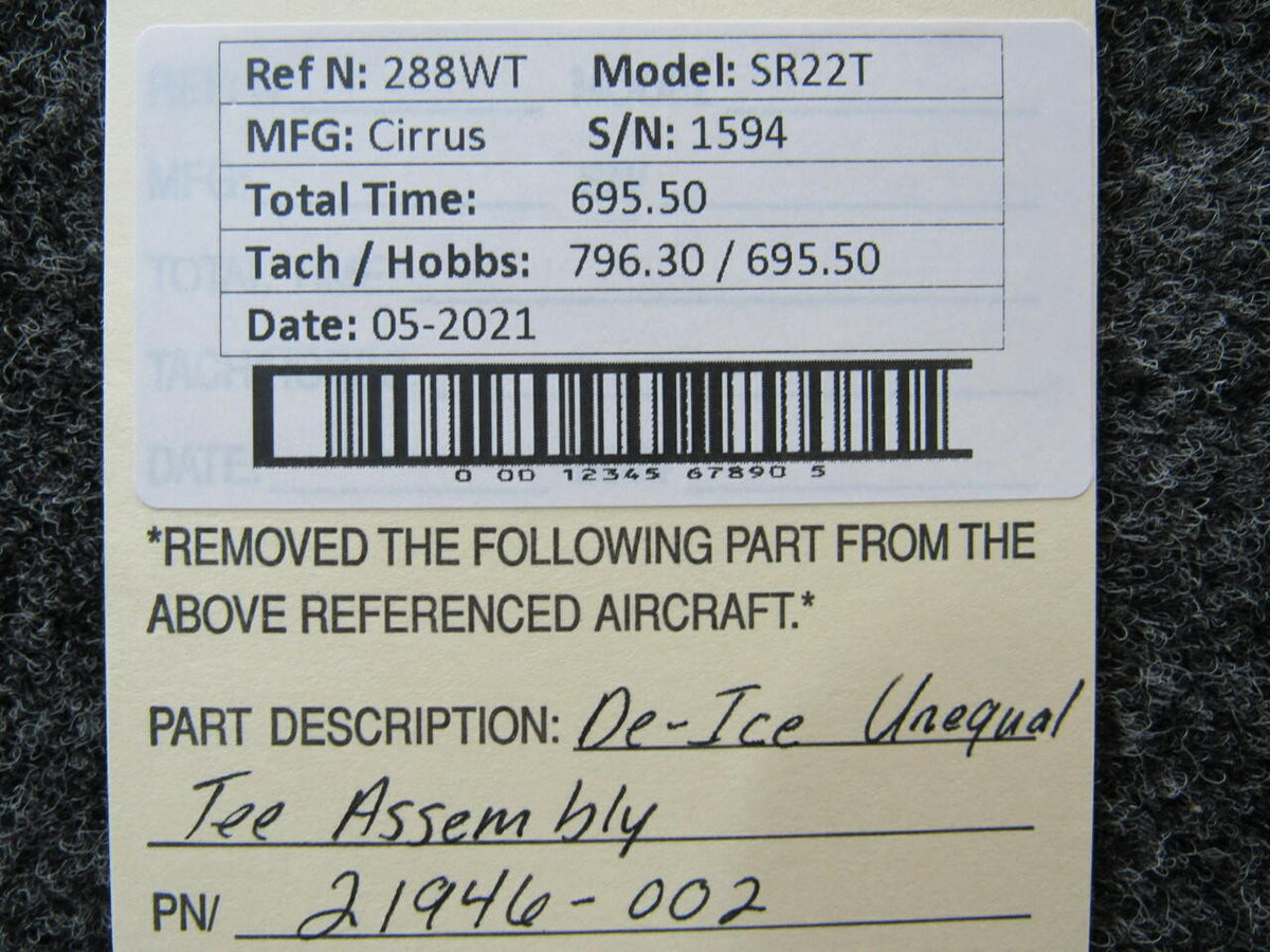 Cirrus 21946-002 Cirrus SR22T De-Ice Unequal Tee Hours 695.5