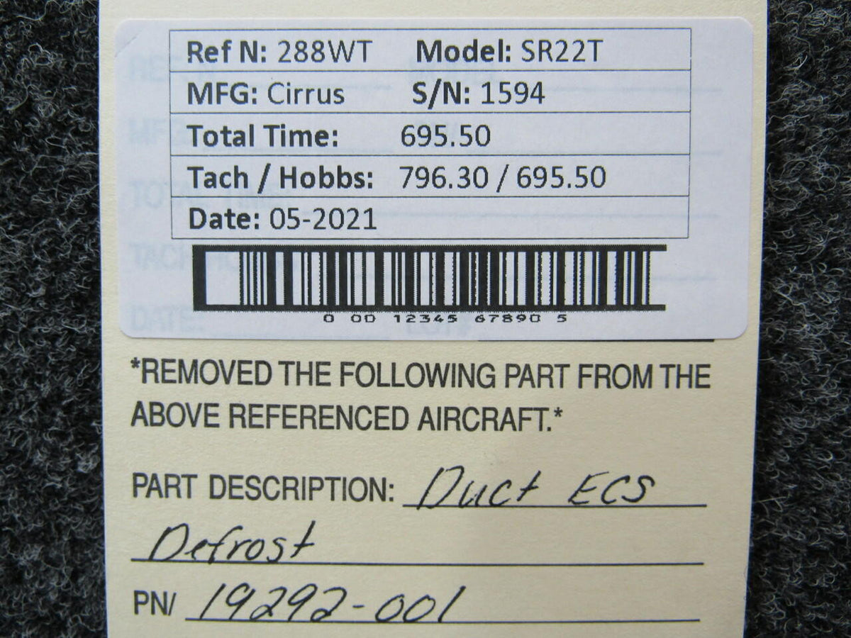 Cirrus 19292-001 Cirrus SR22T Duct ECS Defrost Hours 695.5