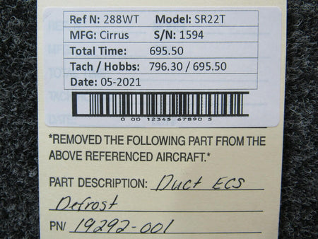 Cirrus 19292-001 Cirrus SR22T Duct ECS Defrost Hours 695.5
