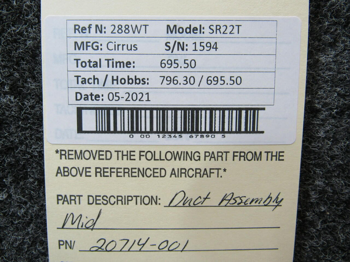 Cirrus 20714-001 Cirrus SR22T Duct Assembly Mid Hours 695.5