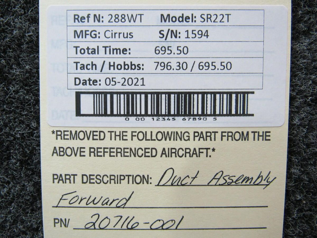 Cirrus 20716-001 Cirrus SR22T Duct Assembly Forward Hours 695.5