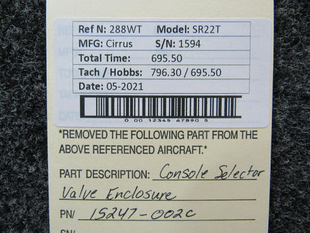 Cirrus 15247-002C Cirrus SR22T Console Selector Valve Enclosure Aft Hours 695.5