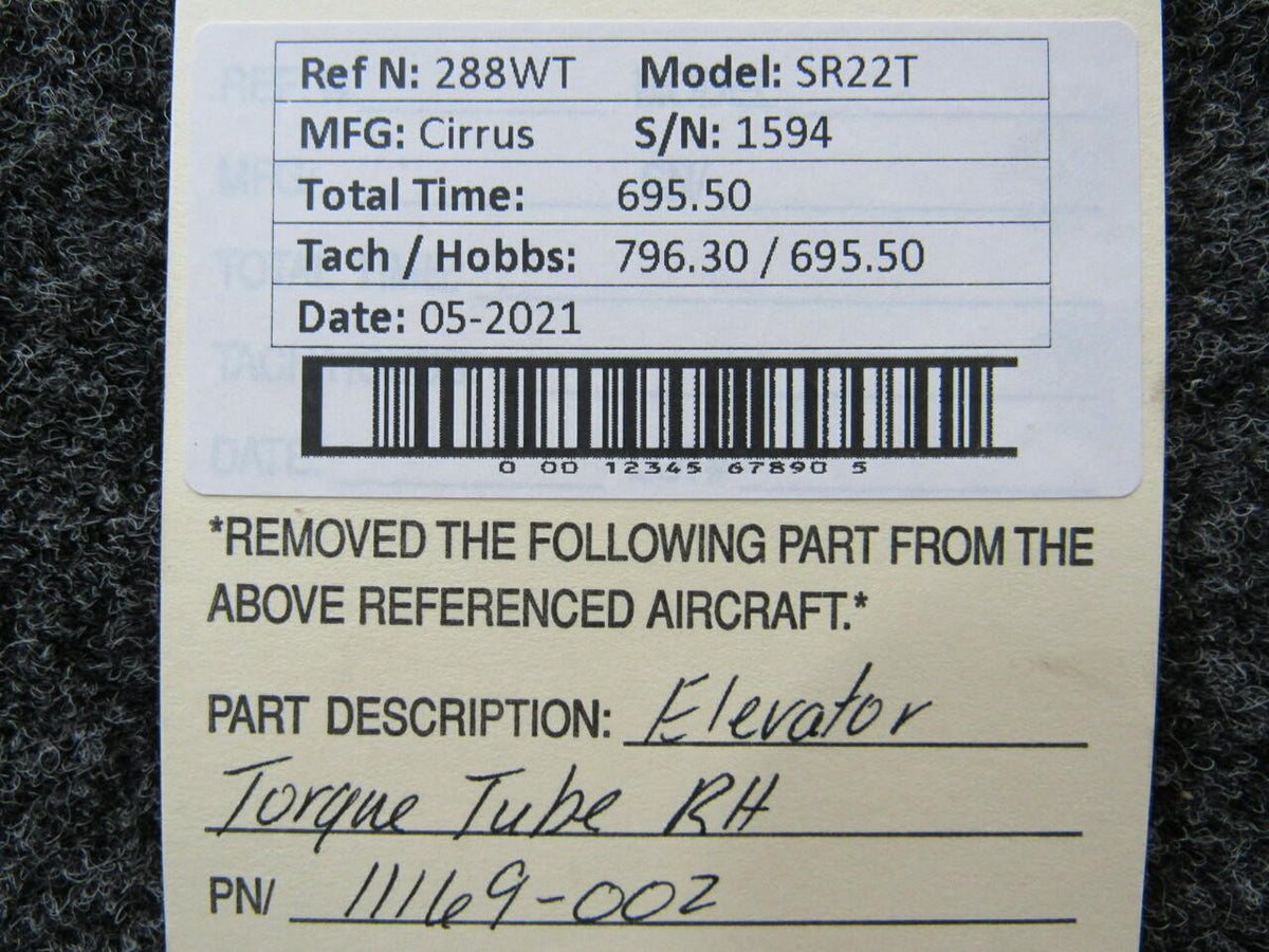 Cirrus 11169-002 Cirrus SR22T Elevator Torque Tube RH Hours 695.5