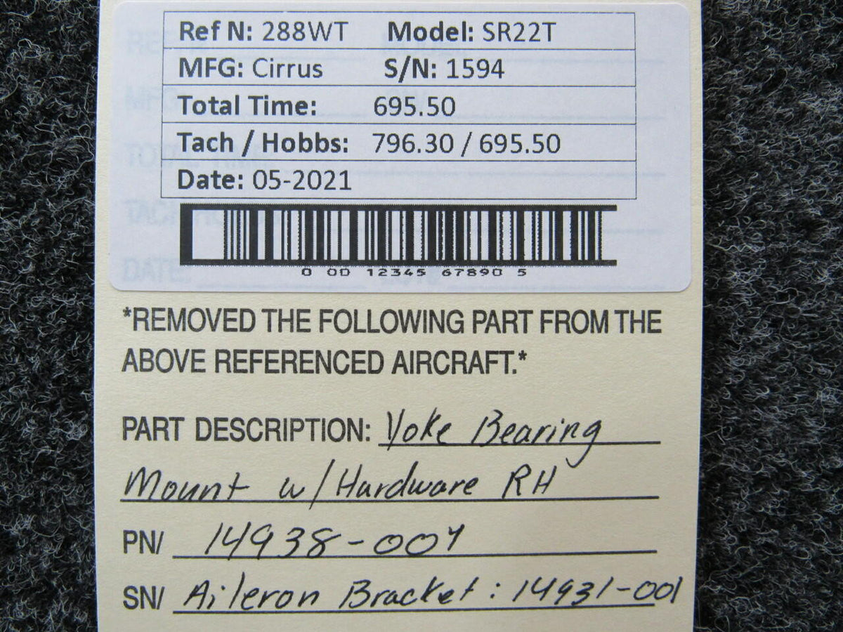 Cirrus 14938-004 Cirrus SR22T Yoke Bearing Mount W/ Hardware RH Hours 695.5