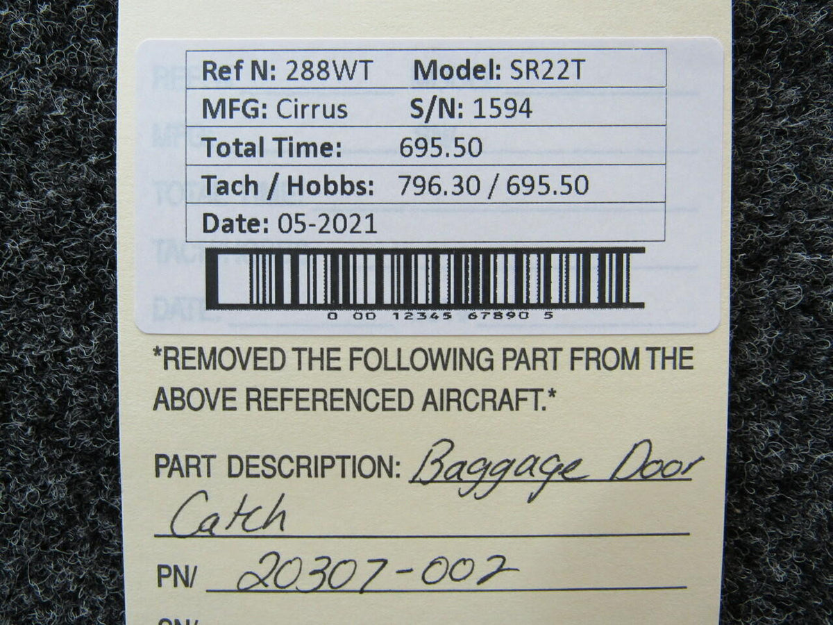 20307-002 Cirrus SR22T Baggage Door Lock Catch (Hours: 695.5) BAS Part Sales | Airplane Parts