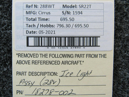 Cirrus 18278-002 Cirrus SR22T Ice Light Assembly Volts 28 Hours 695.5