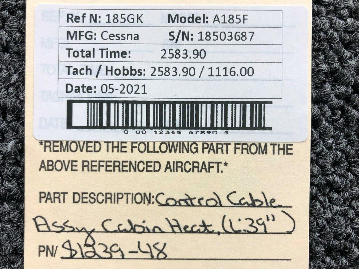 Cessna S1239-48 Cessna A185F Control Cable Assembly Cabin Heat Length 39