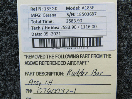 Cessna 0760032-1 Cessna A185F Rudder Bar Assembly LH