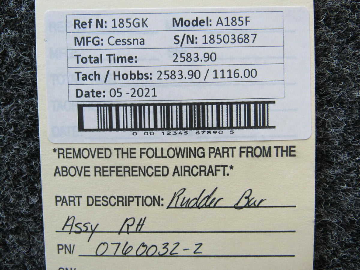 Cessna 0760032-2 Cessna A185F Rudder Bar Assy RH