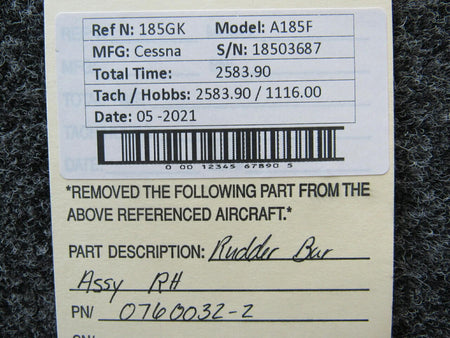 Cessna 0760032-2 Cessna A185F Rudder Bar Assy RH