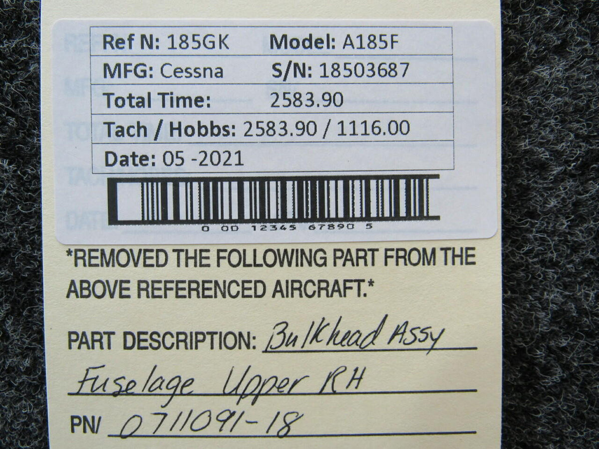 Cessna 0711091-18 Cessna A185F Bulkhead Assy Fuselage Upper RH STA 55.3 to 90