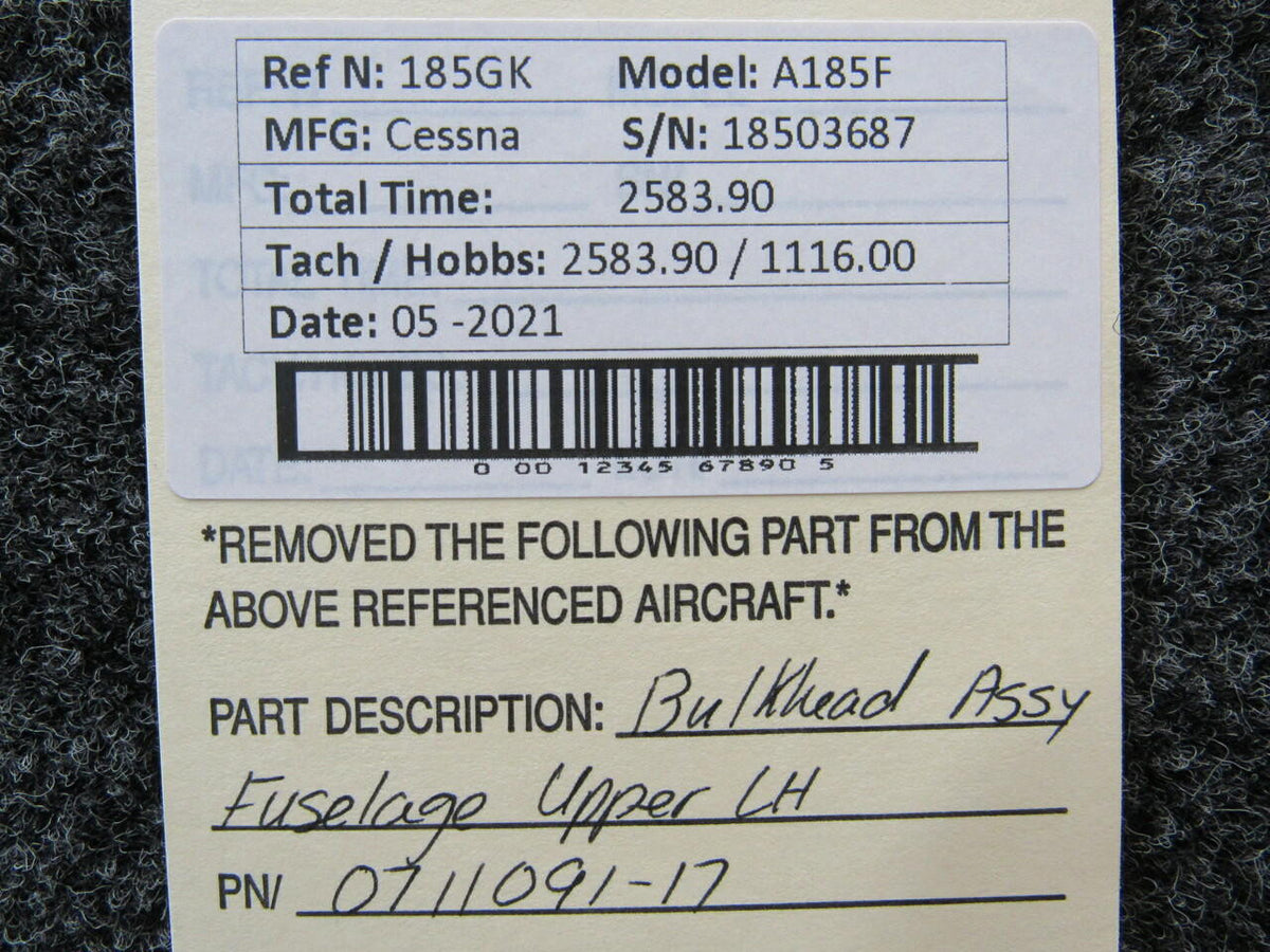Cessna 0711091-17 Cessna A185F Bulkhead Assembly Fuselage Upper LH STA 55.3 to 90