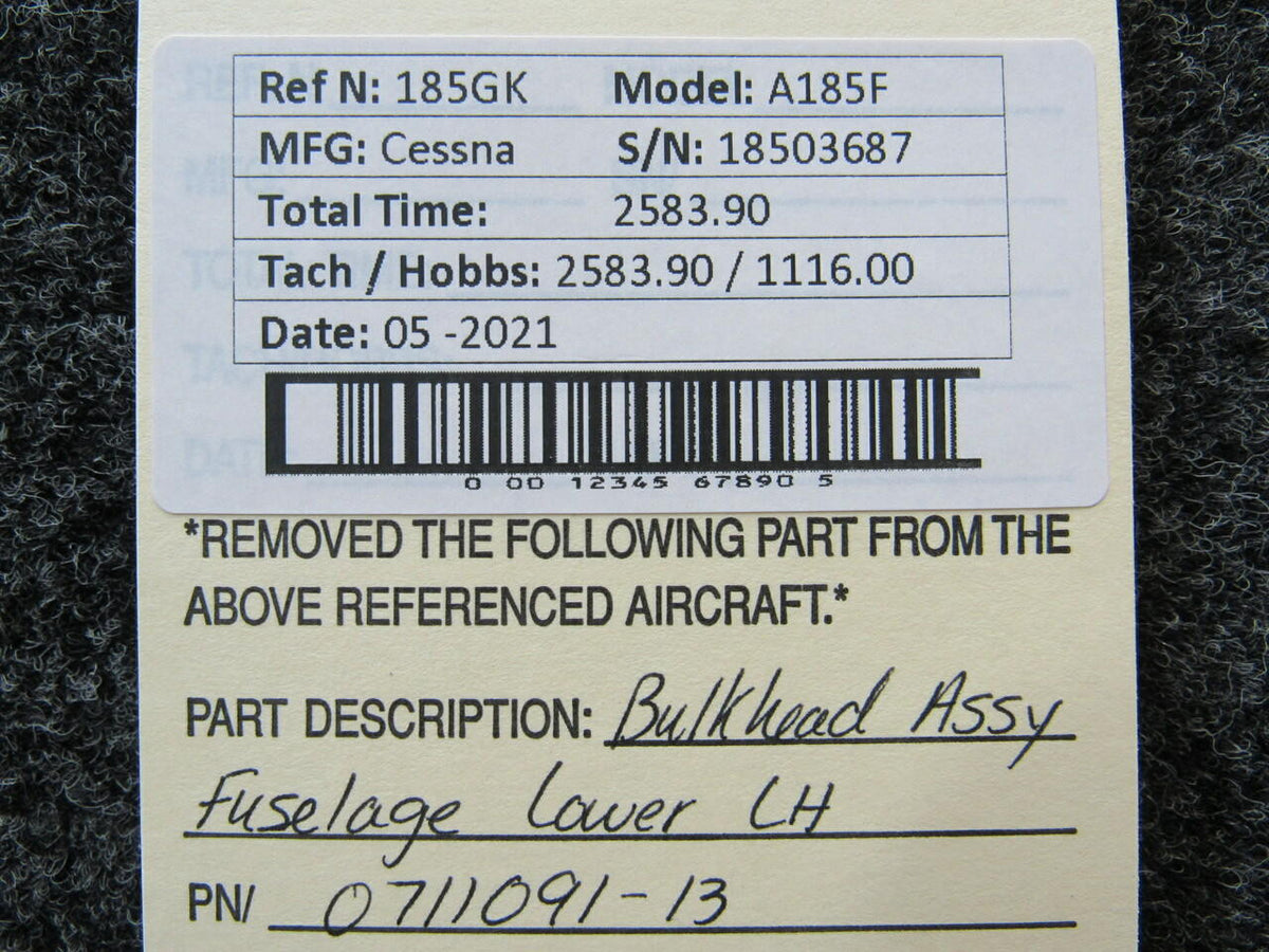 Cessna 0711091-13 Cessna A185F Bulkhead Assembly Fuselage Lower LH