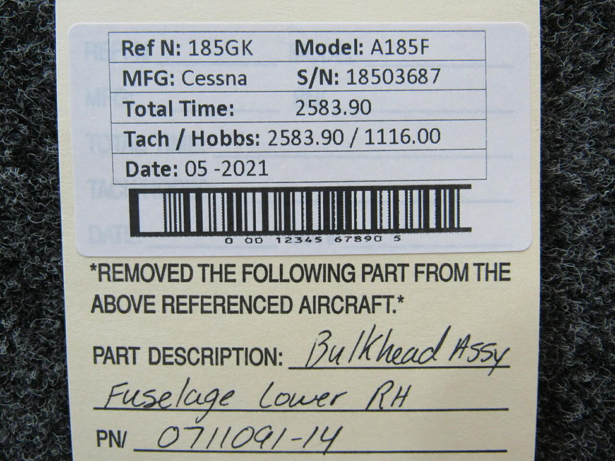 Cessna 0711091-14 Cessna A185F Bulkhead Assembly Fuselage Lower RH