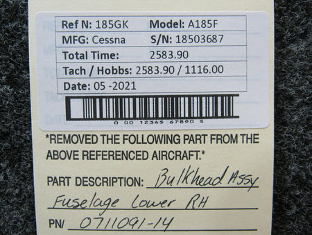 Cessna 0711091-14 Cessna A185F Bulkhead Assembly Fuselage Lower RH