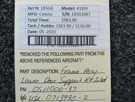 0511000-37 (USE: 0713990-2) Cessna A185F Frame Assy Lower Door Support Inbd RH BAS Part Sales | Airplane Parts