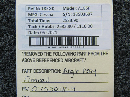 Cessna 0753018-4 Cessna A185F Angle Assembly Firewall