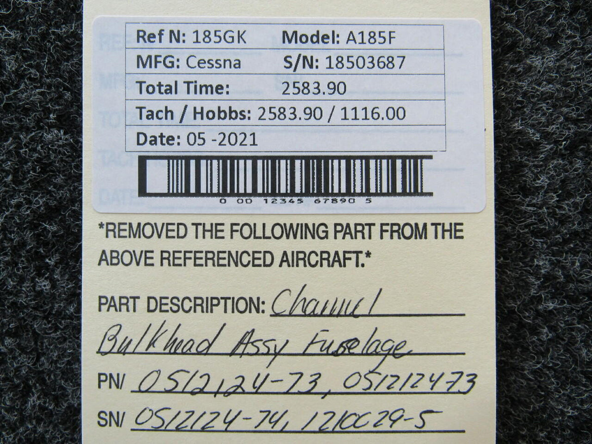 Cessna 0512133 / 1210029-5 Cessna A185F Channel Bulkhead Assembly Fuselage W/ Spar