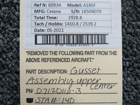 0712016-3 Cessna A185F Gusset Assembly Upper Center BAS Part Sales | Airplane Parts