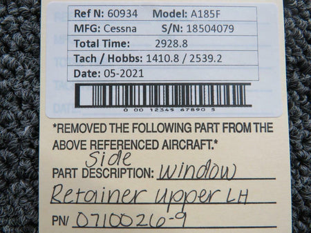 Cessna 0710026-9 Cessna A185F Side Window Retainer Upper LH