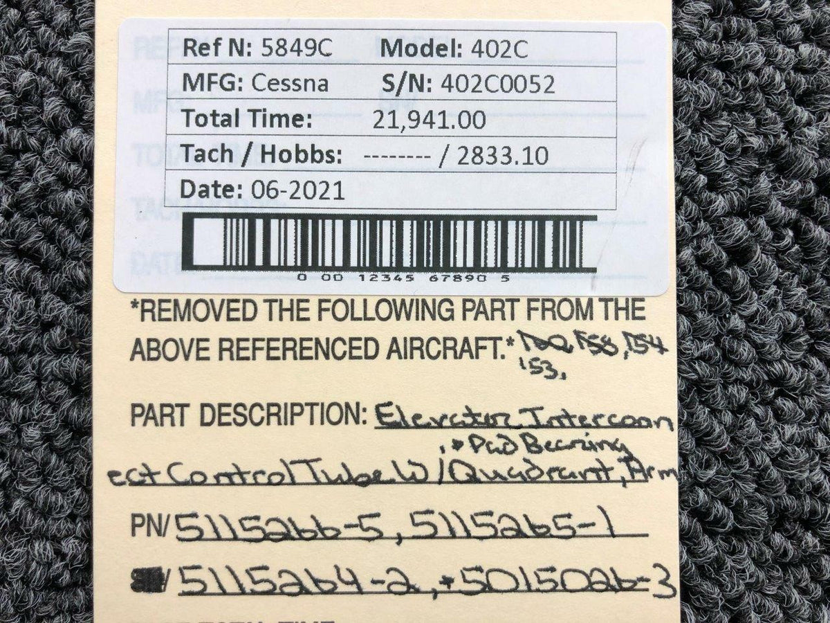 Cessna 5115266-5 Cessna 402C Elevator Interconnect Control Tube Assembly W/ Quadrant, Arm and Pad Bearing