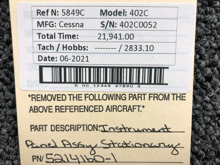 Cessna 5214160-1 Cessna 402C Instrument Panel Assembly Stationary