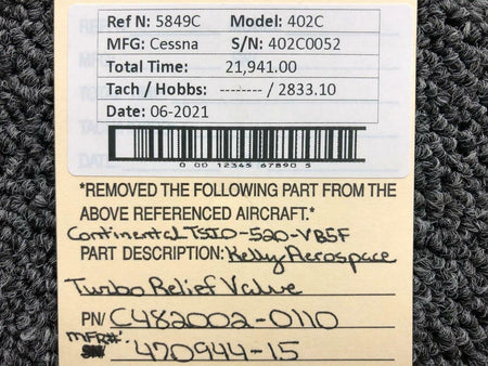 Kelly Aerospace C482002-0110 USE 470944-15 Continental TSIO-520-VB5F Kelly Aerospace Turbo Relief Valve Assy
