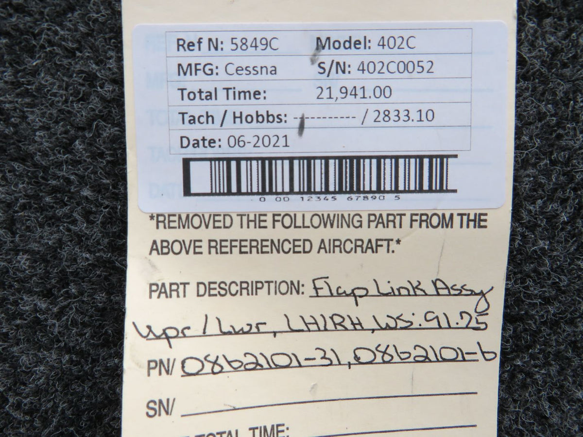 0862101-31 / 0862101-6 Cessna 402C Flap Link Assy Upper/Lower LH/RH (WS: 91.75) BAS Part Sales | Airplane Parts