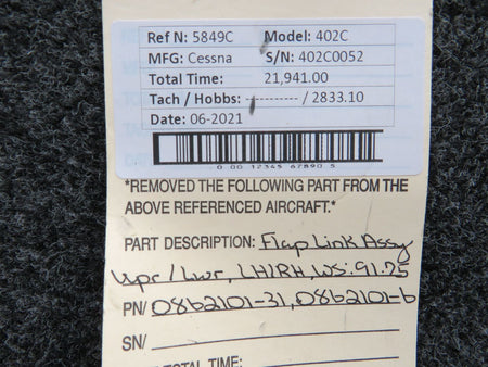 0862101-31 / 0862101-6 Cessna 402C Flap Link Assy Upper/Lower LH/RH (WS: 91.75) BAS Part Sales | Airplane Parts