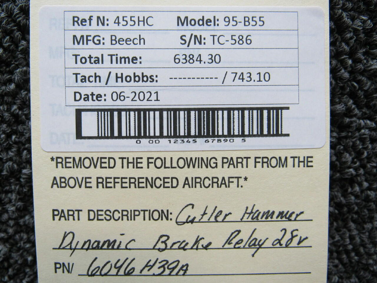 Cutler Hammer 6046H39A Beechcraft 95-B55 Cutler Hammer Dynamic Brake Relay Volts 28