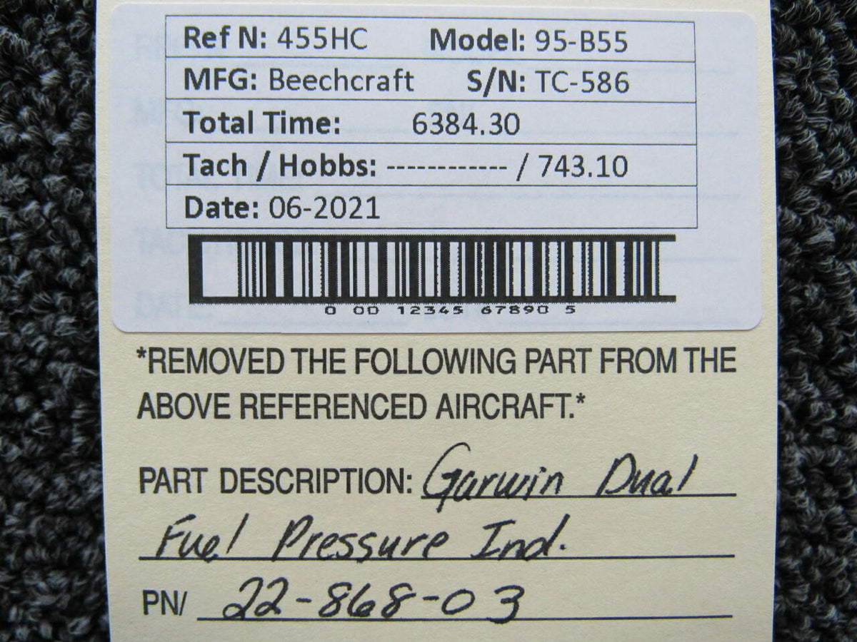 GARWIN 22-868-03 Beechcraft 95-B55 Garwin Dual Fuel Pressure Indicator