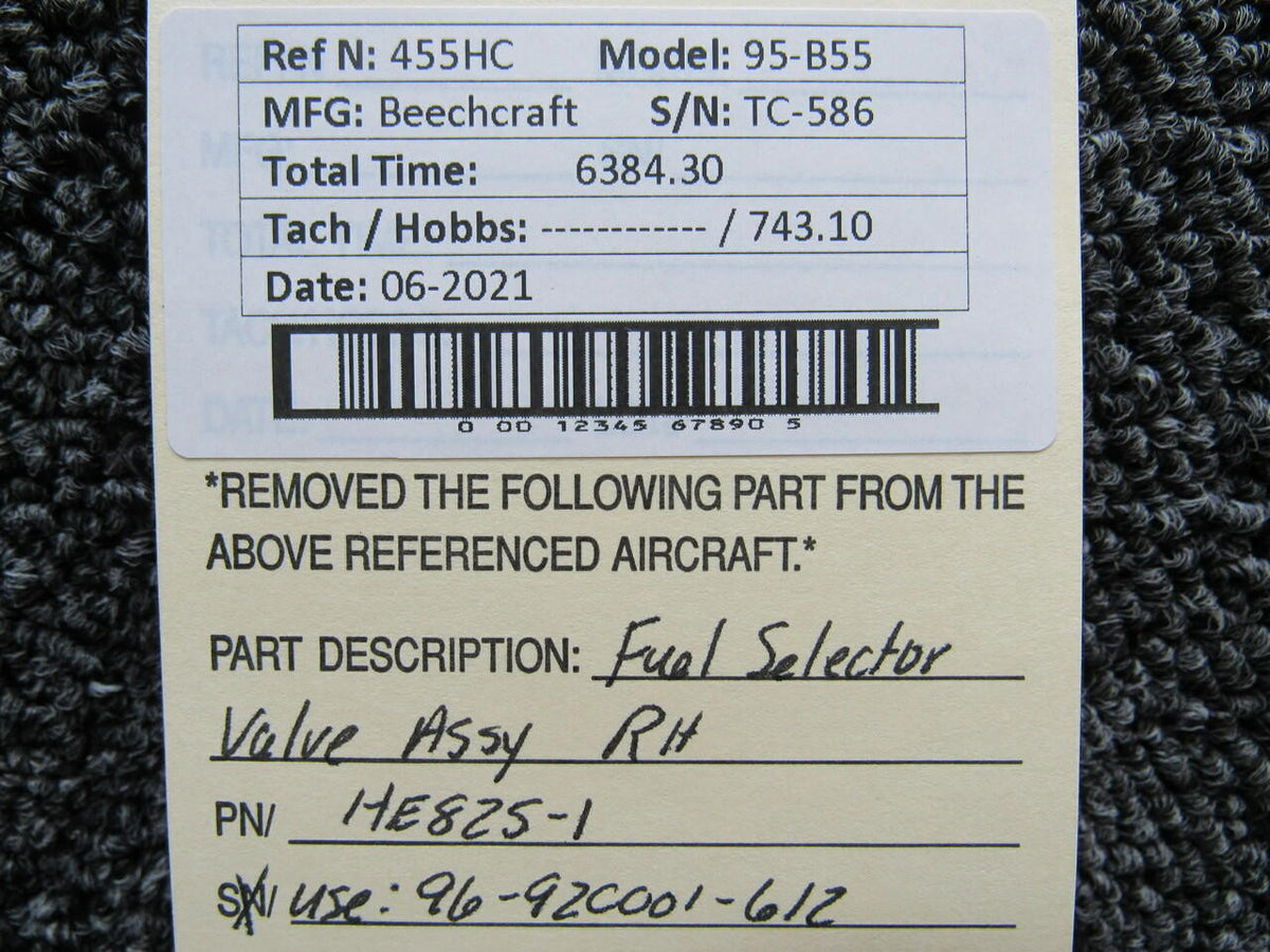 Beechcraft HE825-1 USE 96-920001-612 Beechcraft 95-B55 Fuel Selector Assy RH